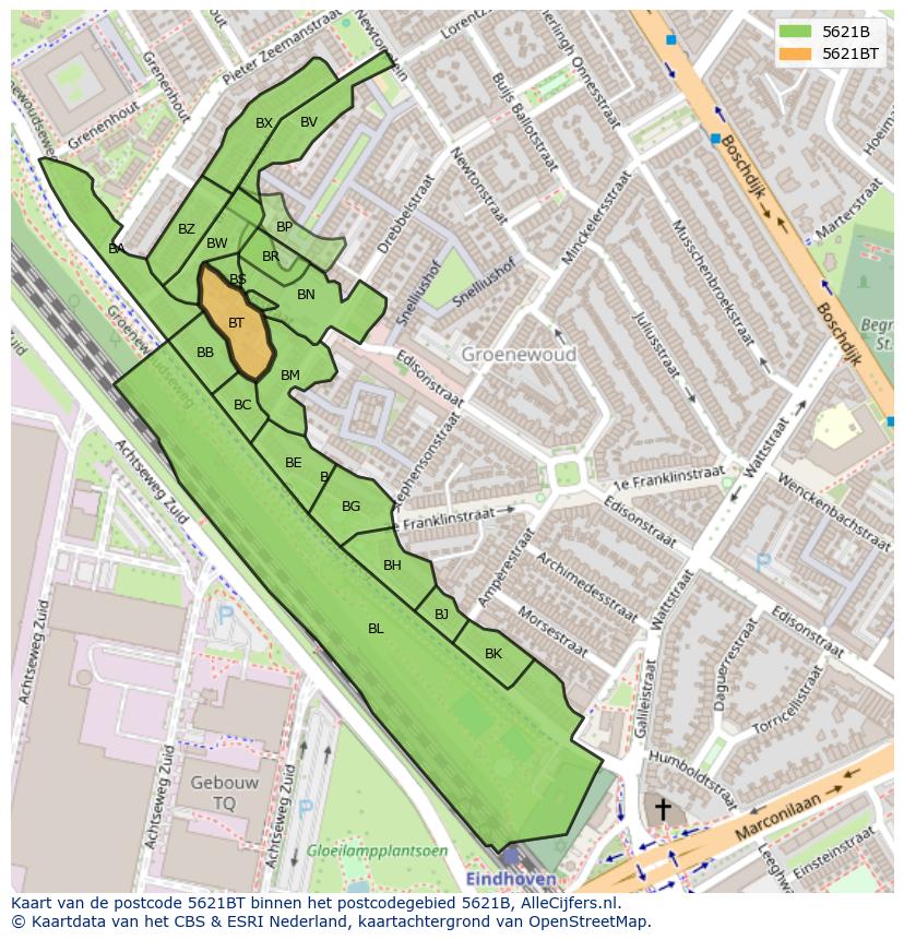 Afbeelding van het postcodegebied 5621 BT op de kaart.