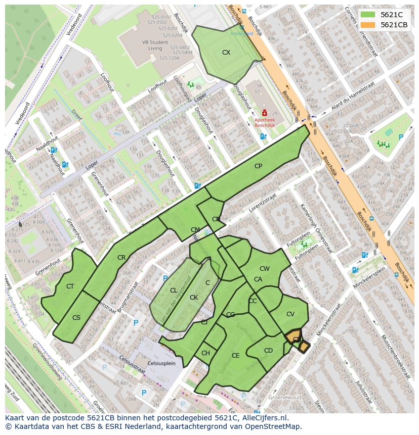 Afbeelding van het postcodegebied 5621 CB op de kaart.