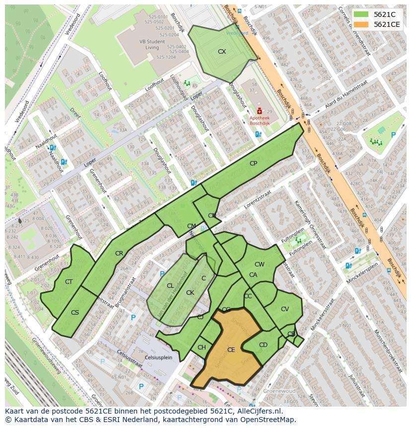 Afbeelding van het postcodegebied 5621 CE op de kaart.