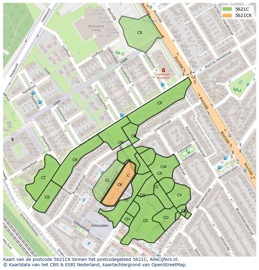 Afbeelding van het postcodegebied 5621 CK op de kaart.