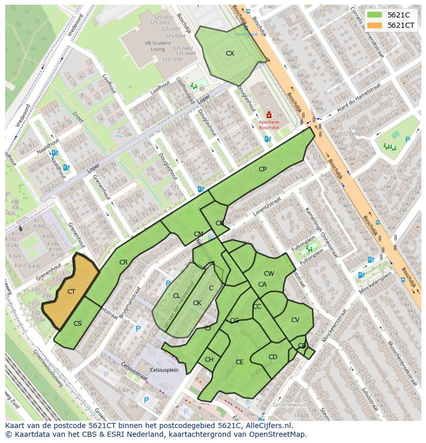 Afbeelding van het postcodegebied 5621 CT op de kaart.