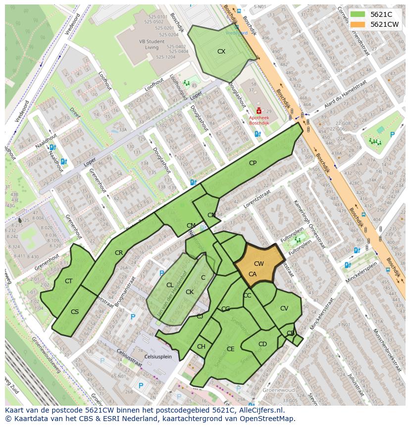 Afbeelding van het postcodegebied 5621 CW op de kaart.