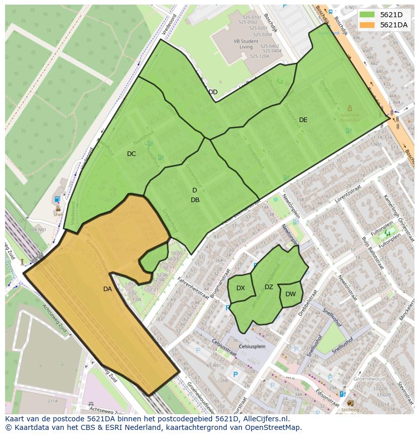 Afbeelding van het postcodegebied 5621 DA op de kaart.