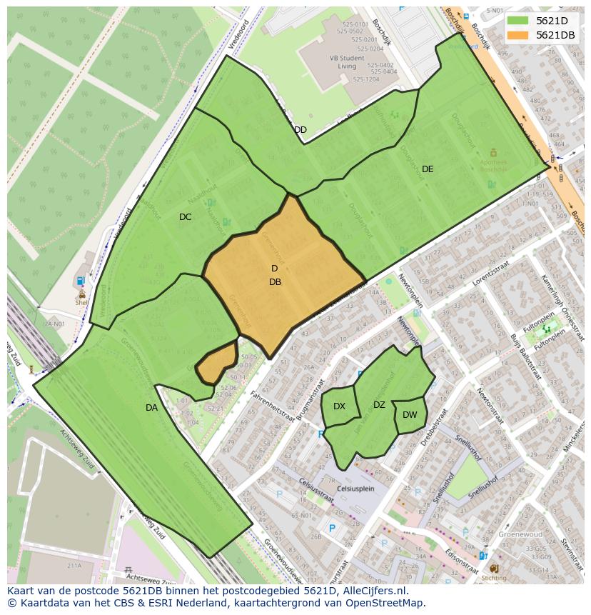 Afbeelding van het postcodegebied 5621 DB op de kaart.