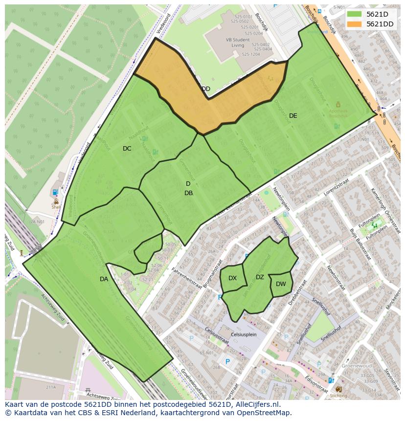 Afbeelding van het postcodegebied 5621 DD op de kaart.