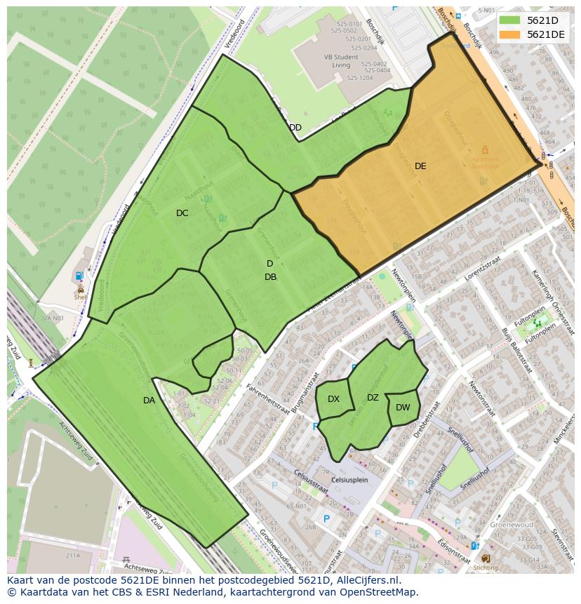 Afbeelding van het postcodegebied 5621 DE op de kaart.