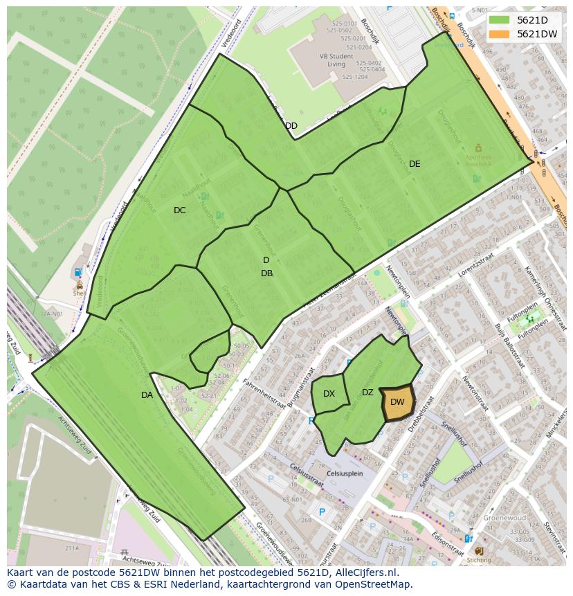 Afbeelding van het postcodegebied 5621 DW op de kaart.