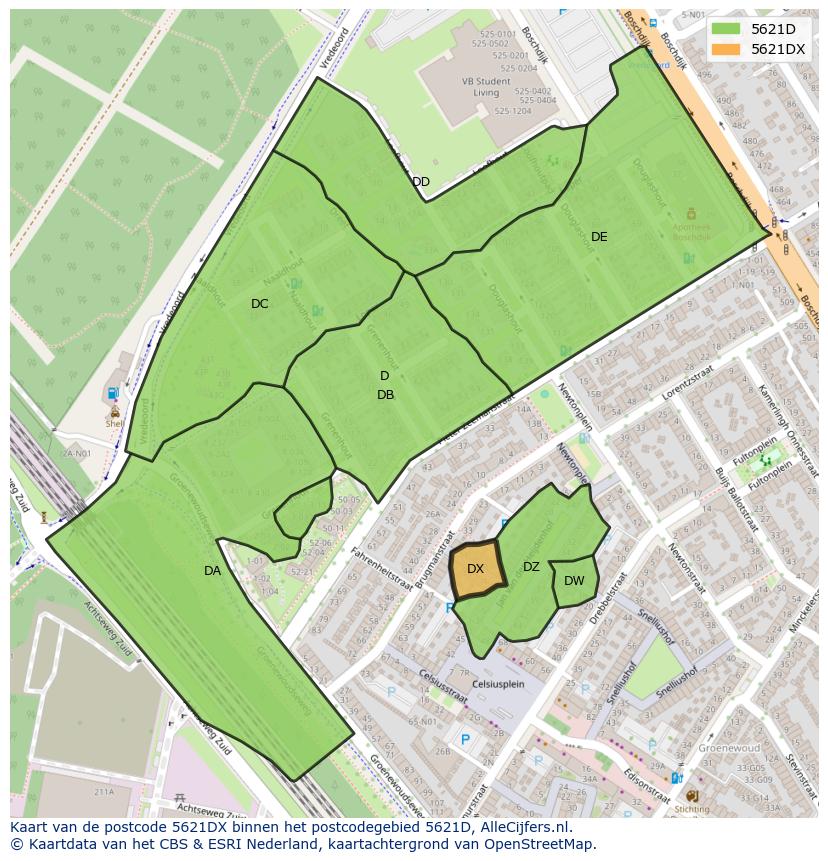 Afbeelding van het postcodegebied 5621 DX op de kaart.