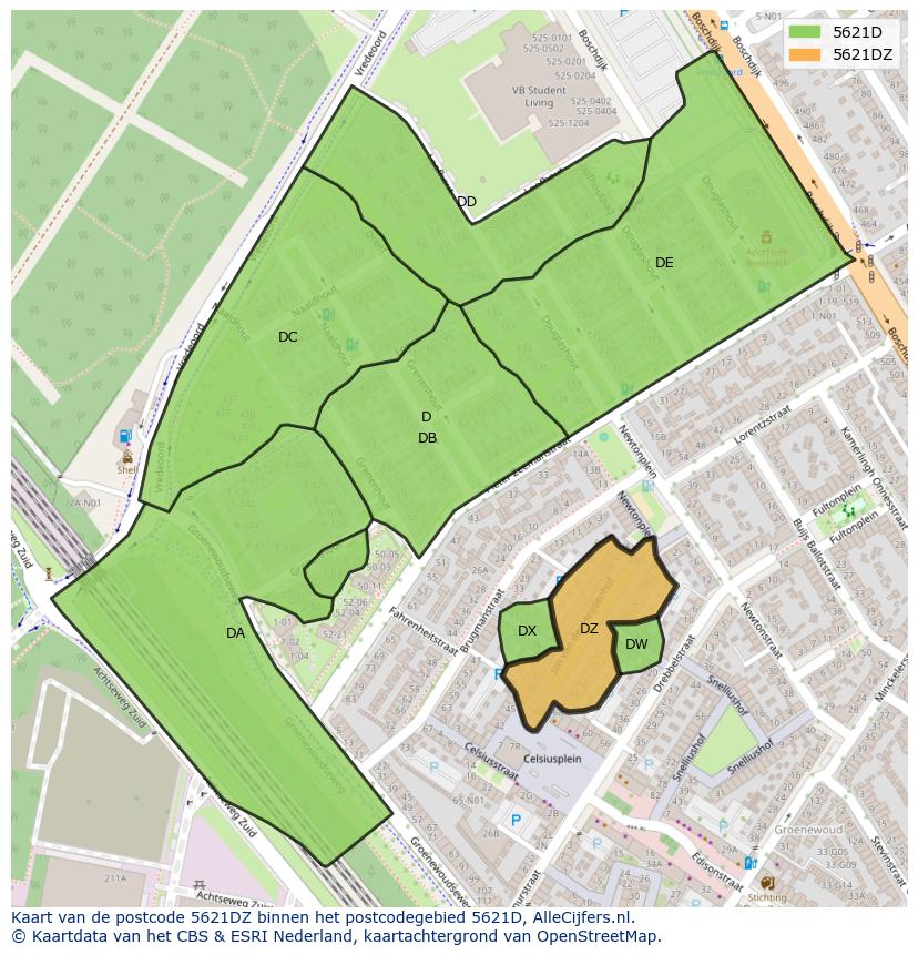 Afbeelding van het postcodegebied 5621 DZ op de kaart.