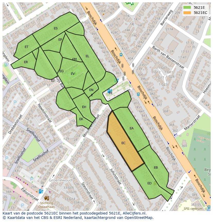Afbeelding van het postcodegebied 5621 EC op de kaart.