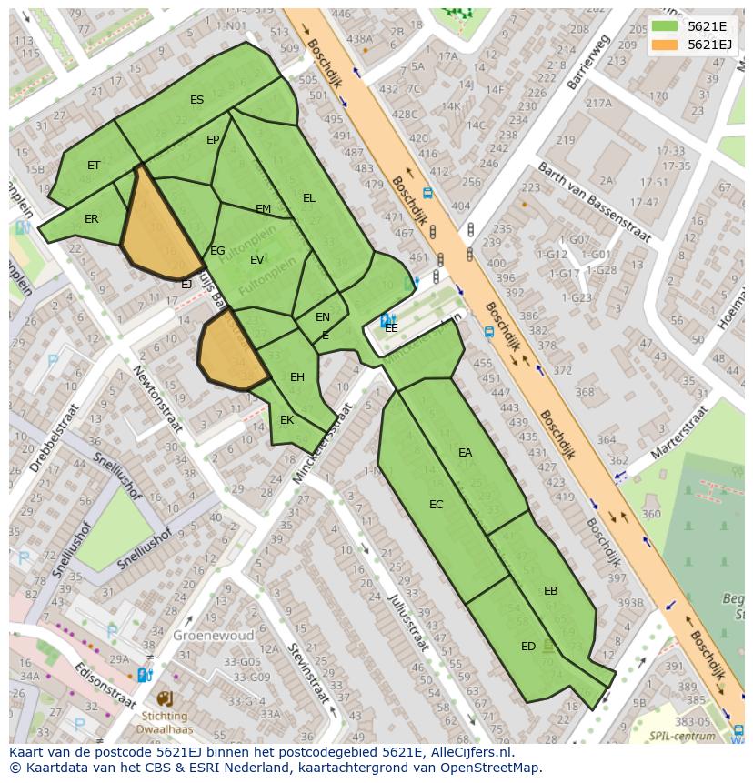 Afbeelding van het postcodegebied 5621 EJ op de kaart.