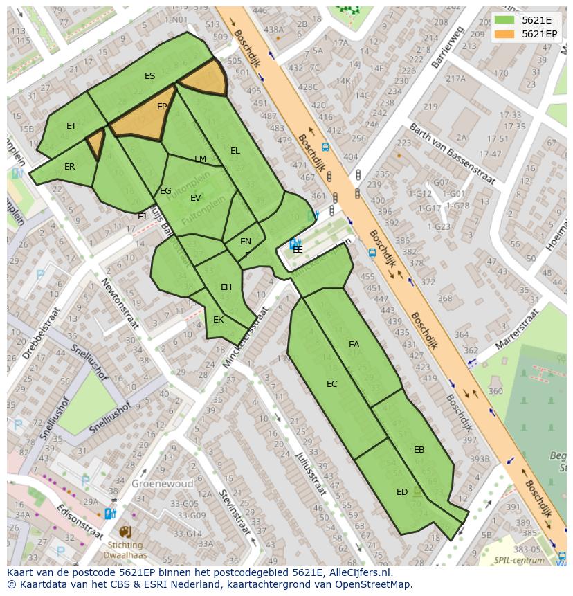 Afbeelding van het postcodegebied 5621 EP op de kaart.