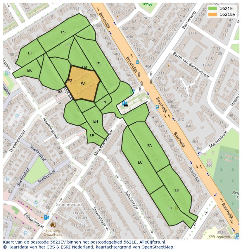 Afbeelding van het postcodegebied 5621 EV op de kaart.