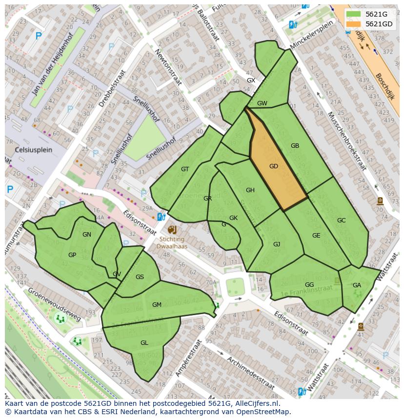 Afbeelding van het postcodegebied 5621 GD op de kaart.