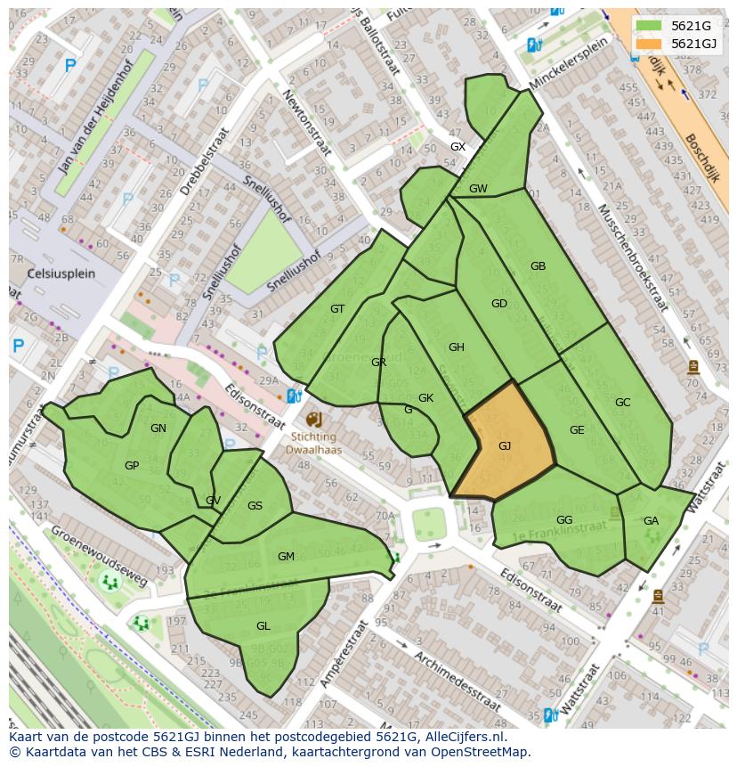 Afbeelding van het postcodegebied 5621 GJ op de kaart.