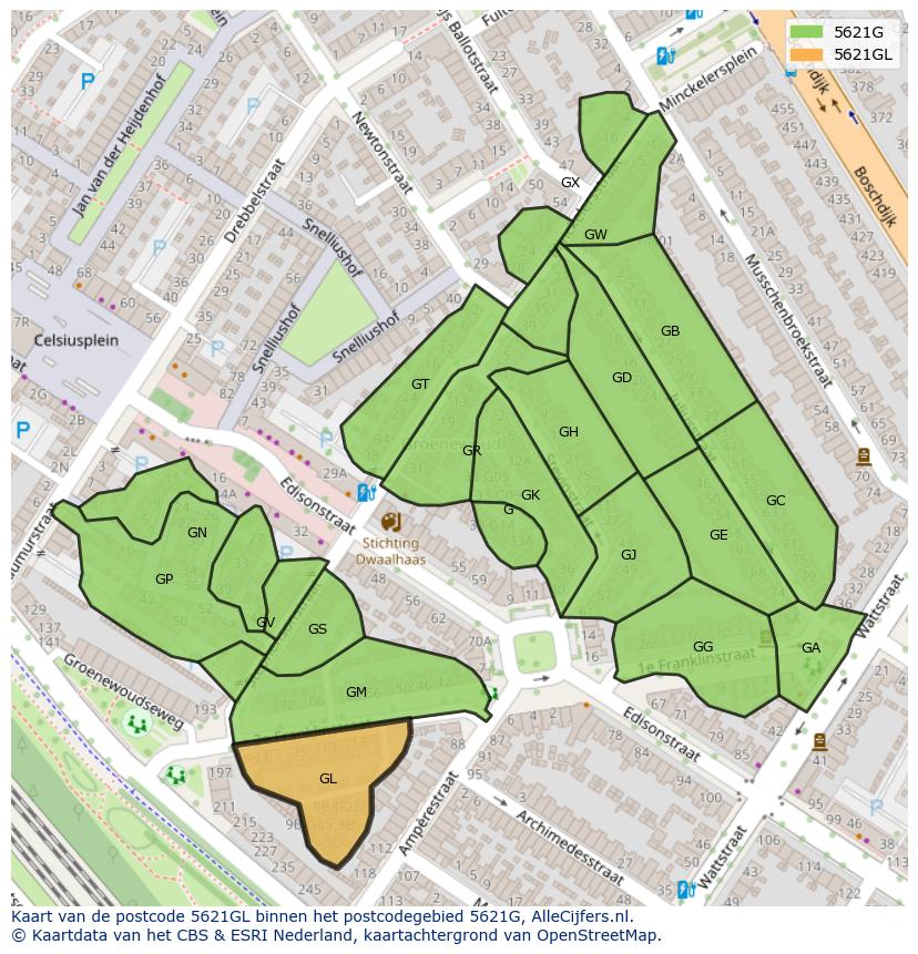 Afbeelding van het postcodegebied 5621 GL op de kaart.