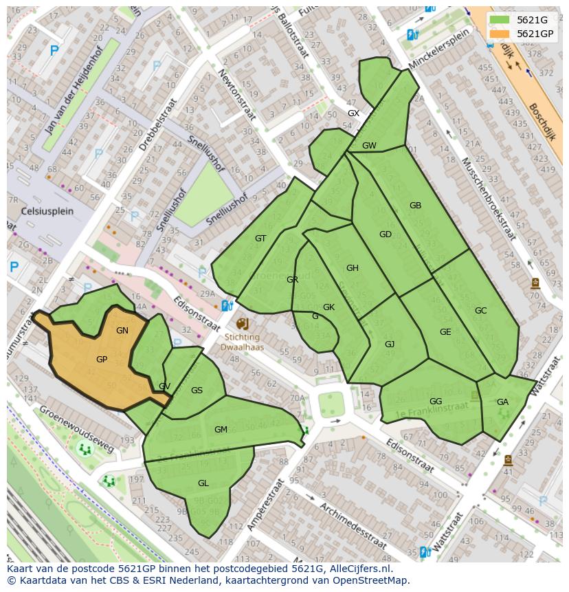 Afbeelding van het postcodegebied 5621 GP op de kaart.