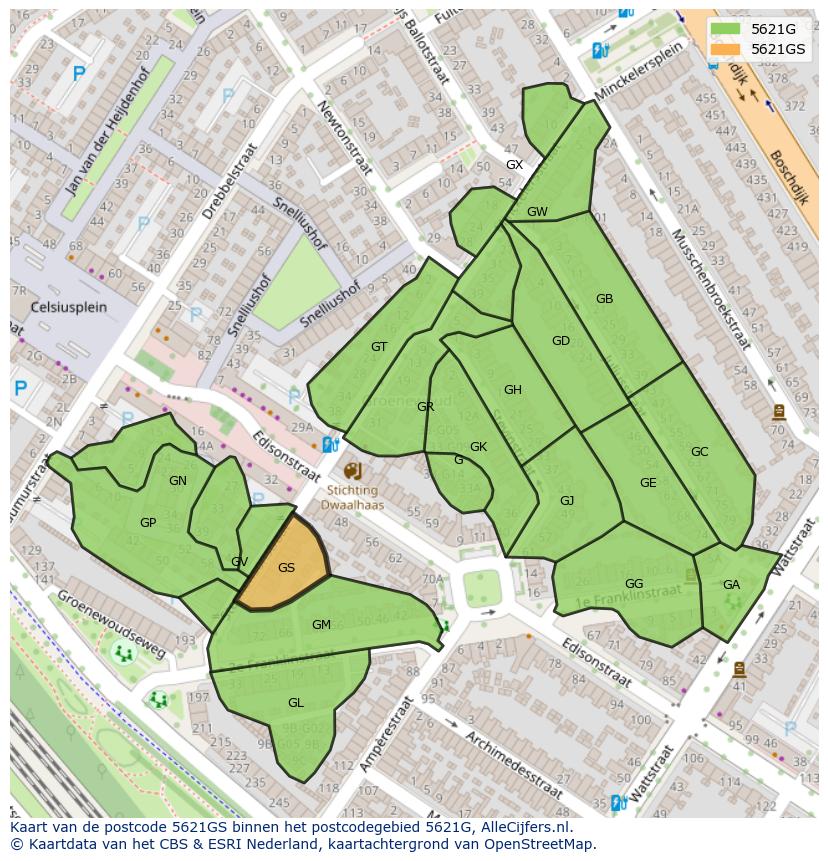 Afbeelding van het postcodegebied 5621 GS op de kaart.