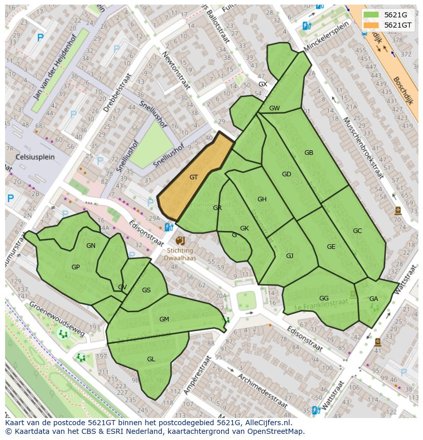 Afbeelding van het postcodegebied 5621 GT op de kaart.