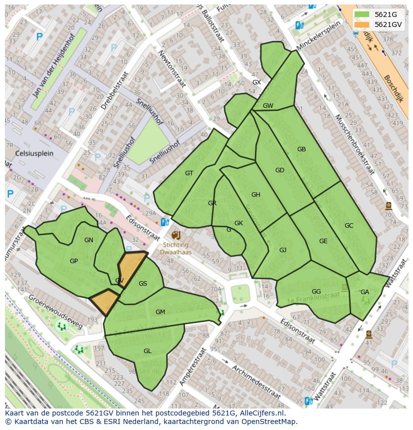 Afbeelding van het postcodegebied 5621 GV op de kaart.