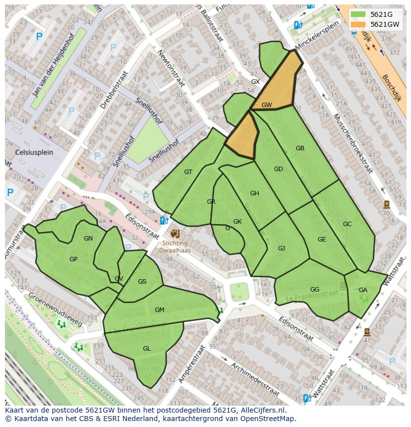 Afbeelding van het postcodegebied 5621 GW op de kaart.