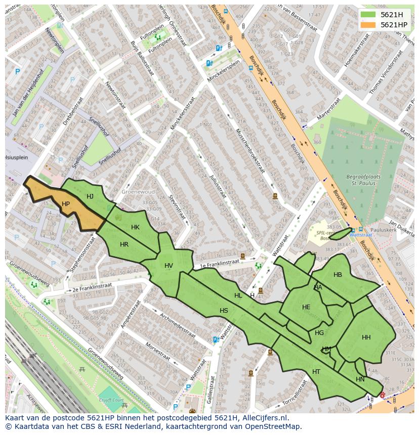 Afbeelding van het postcodegebied 5621 HP op de kaart.