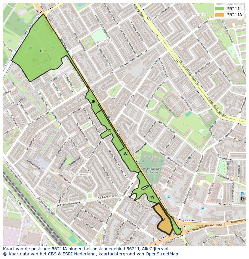 Afbeelding van het postcodegebied 5621 JA op de kaart.