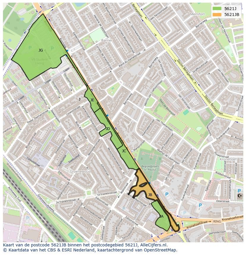 Afbeelding van het postcodegebied 5621 JB op de kaart.