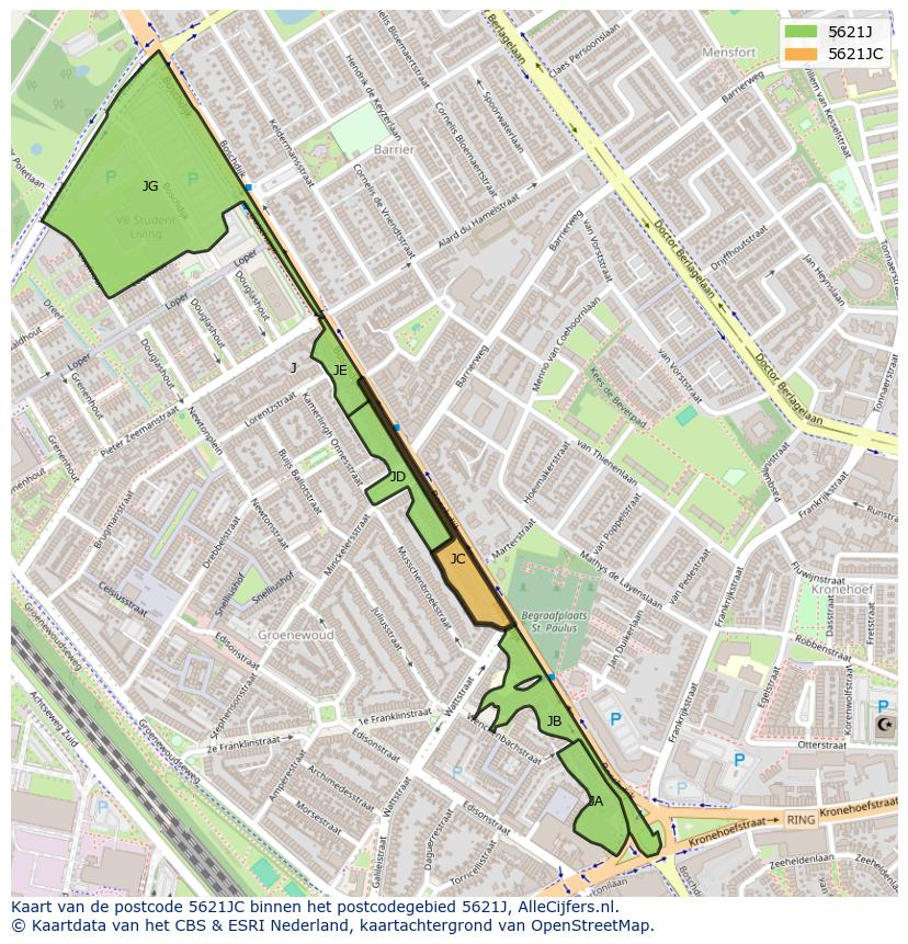 Afbeelding van het postcodegebied 5621 JC op de kaart.