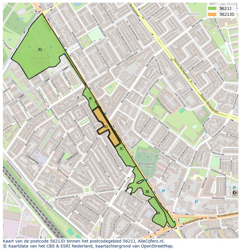 Afbeelding van het postcodegebied 5621 JD op de kaart.