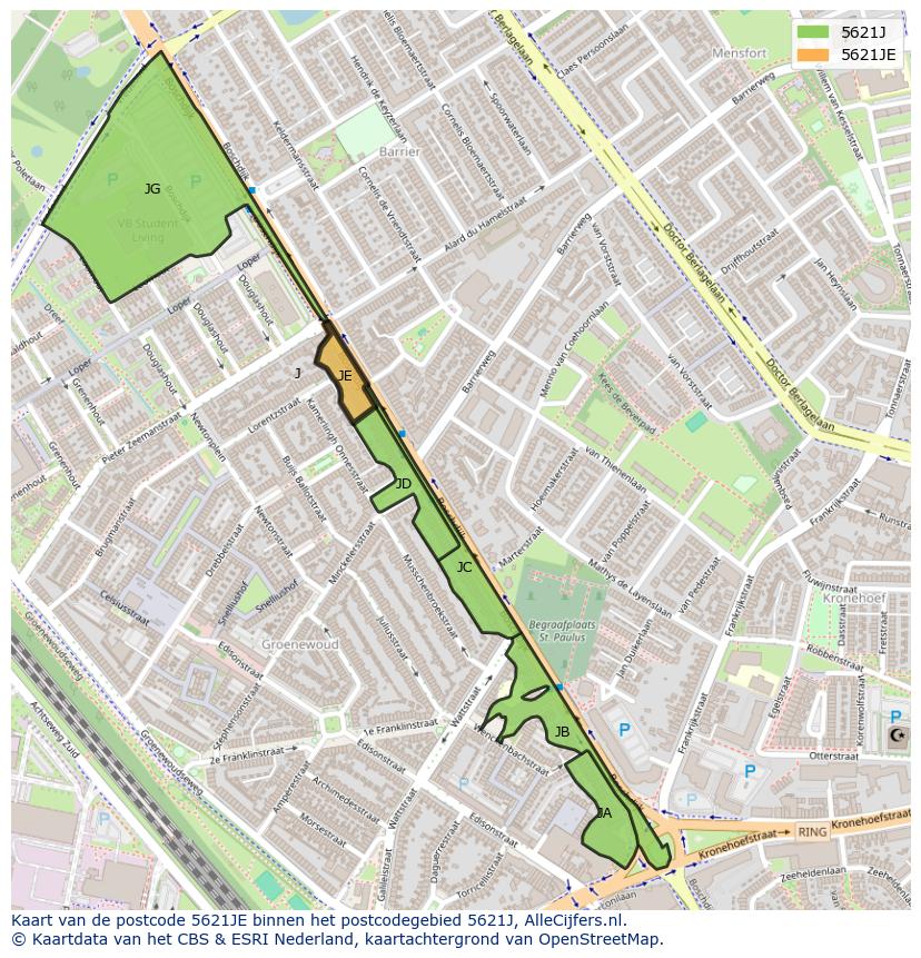 Afbeelding van het postcodegebied 5621 JE op de kaart.