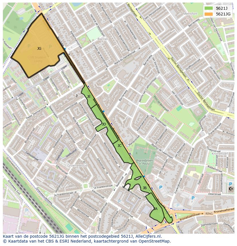 Afbeelding van het postcodegebied 5621 JG op de kaart.