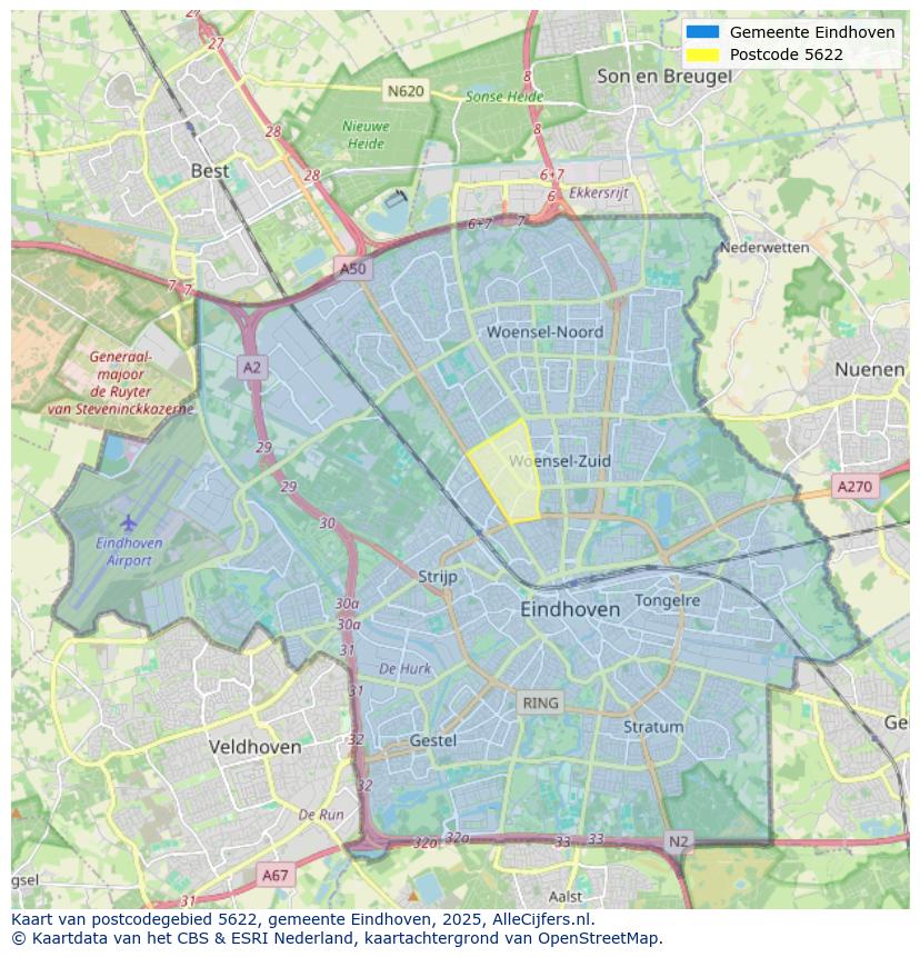 Afbeelding van het postcodegebied 5622 op de kaart.