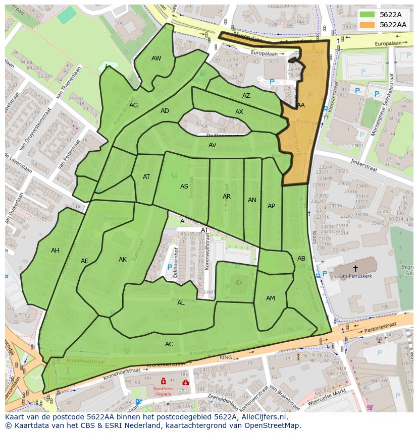 Afbeelding van het postcodegebied 5622 AA op de kaart.