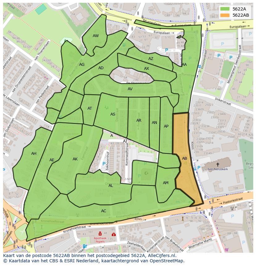 Afbeelding van het postcodegebied 5622 AB op de kaart.