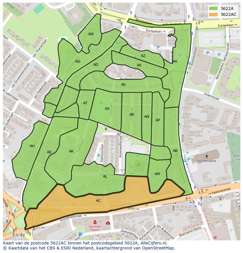 Afbeelding van het postcodegebied 5622 AC op de kaart.