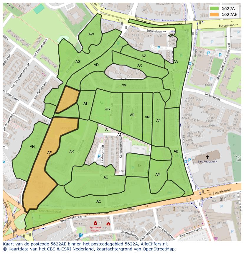 Afbeelding van het postcodegebied 5622 AE op de kaart.