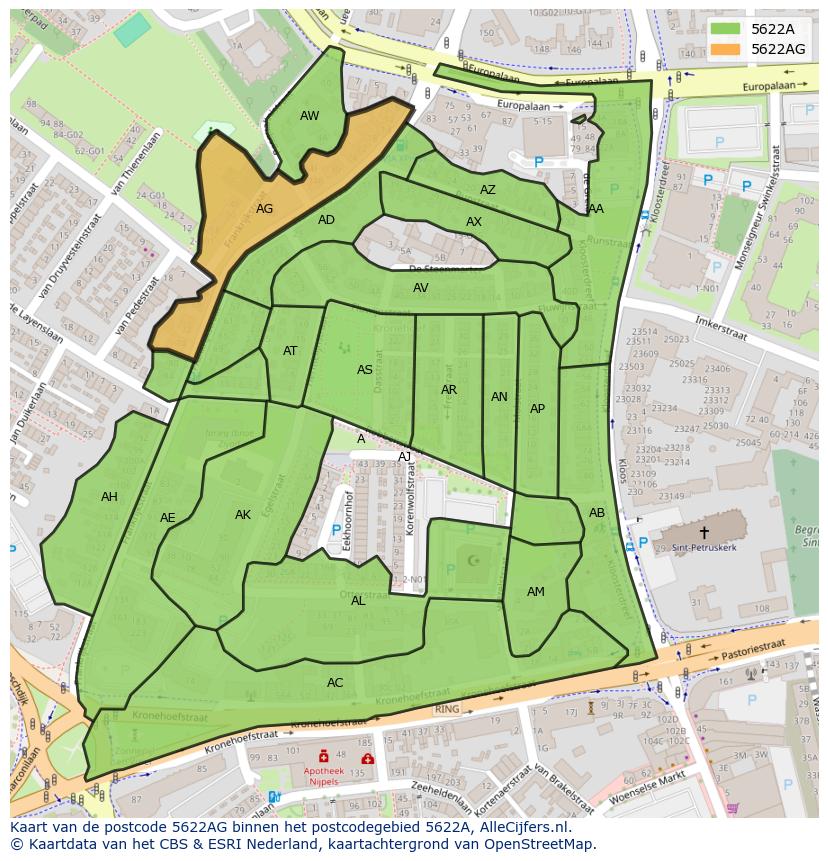 Afbeelding van het postcodegebied 5622 AG op de kaart.
