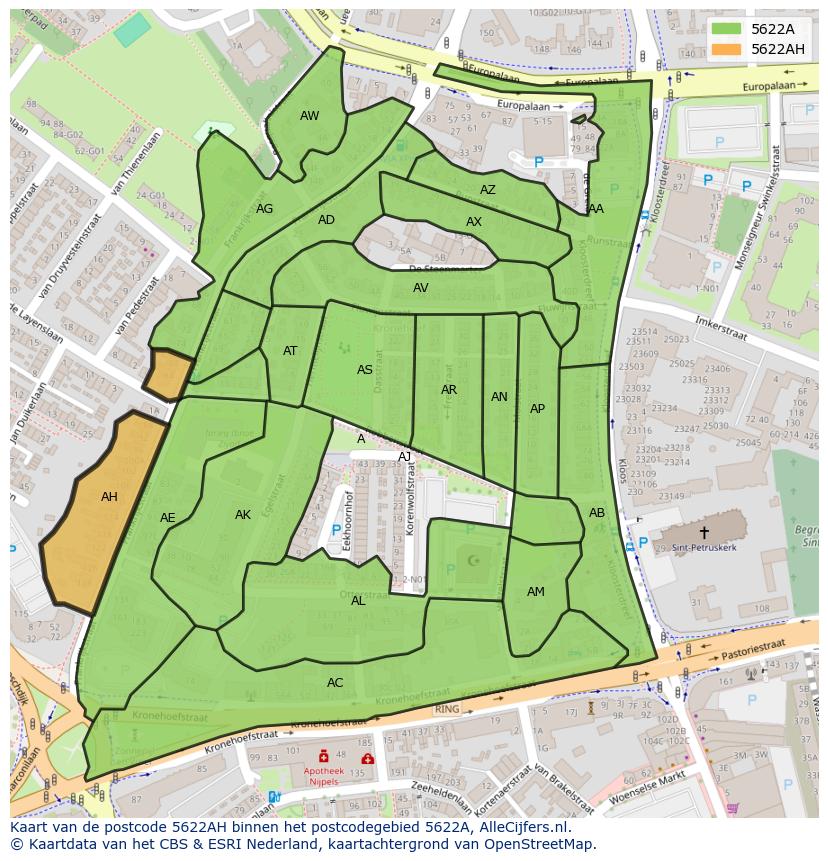 Afbeelding van het postcodegebied 5622 AH op de kaart.
