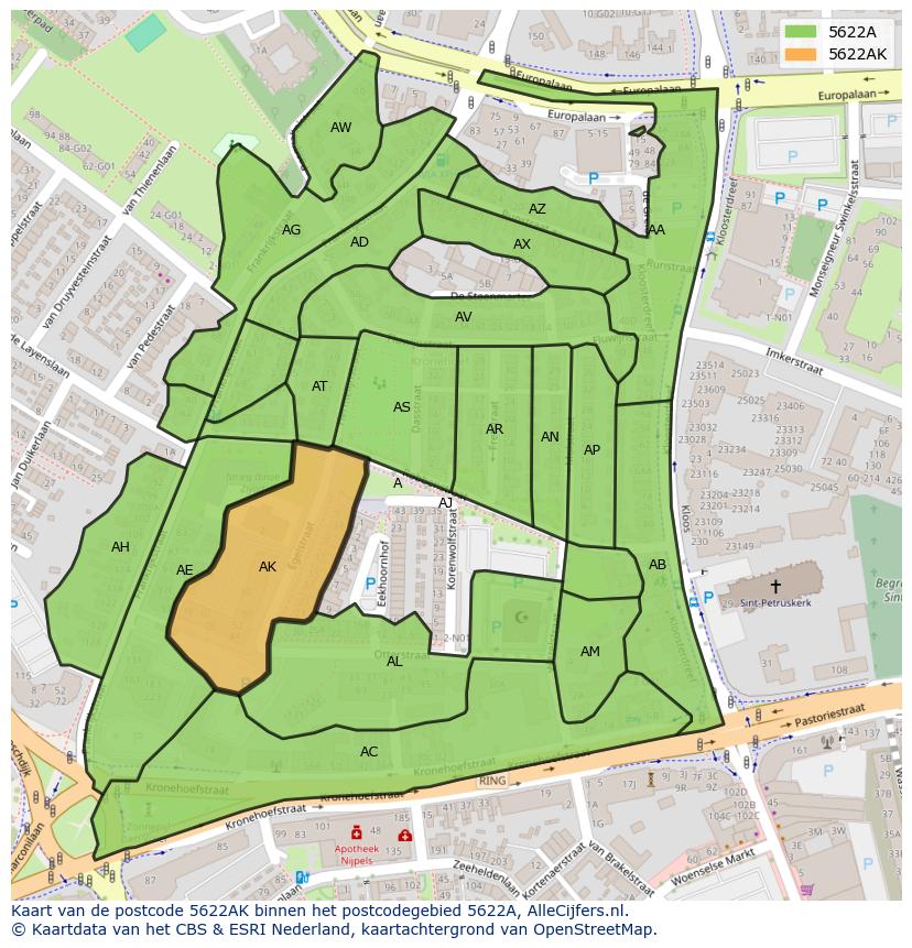 Afbeelding van het postcodegebied 5622 AK op de kaart.