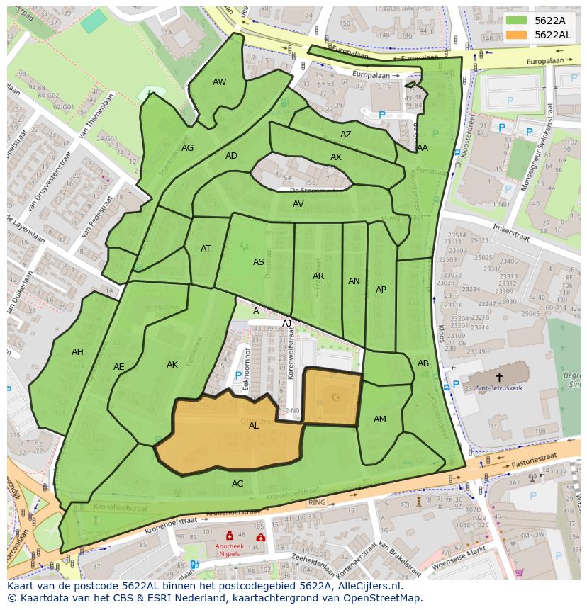 Afbeelding van het postcodegebied 5622 AL op de kaart.