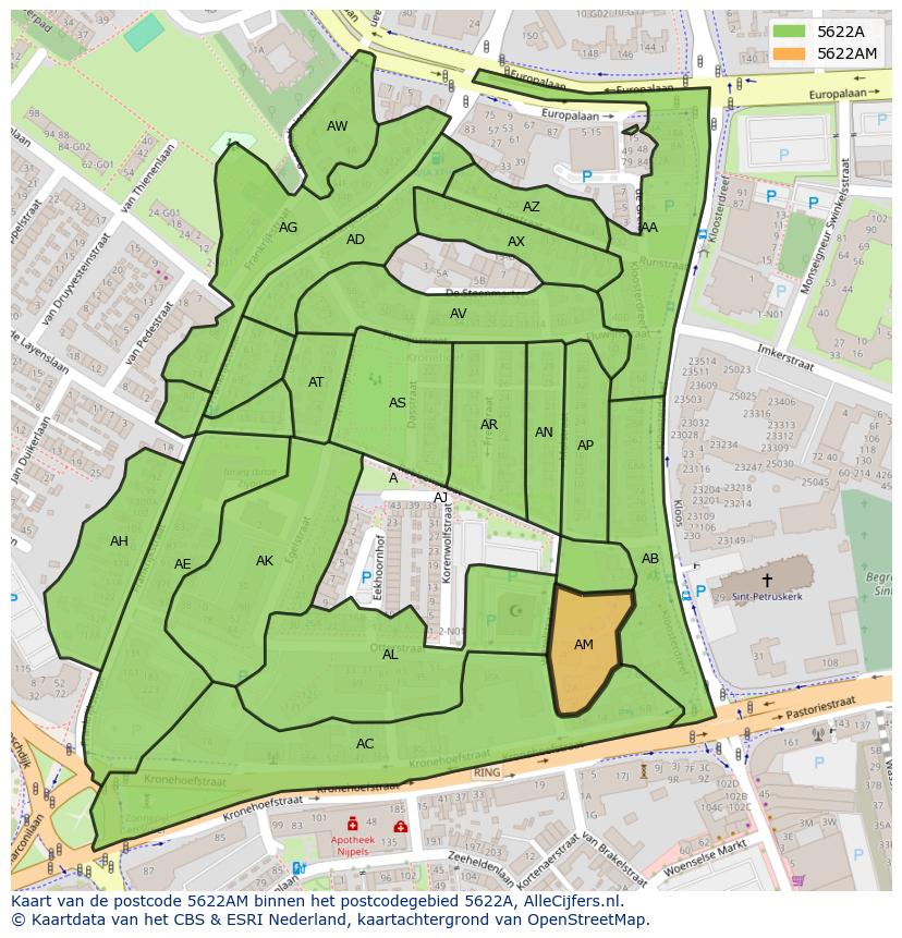 Afbeelding van het postcodegebied 5622 AM op de kaart.
