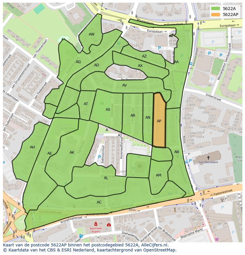 Afbeelding van het postcodegebied 5622 AP op de kaart.