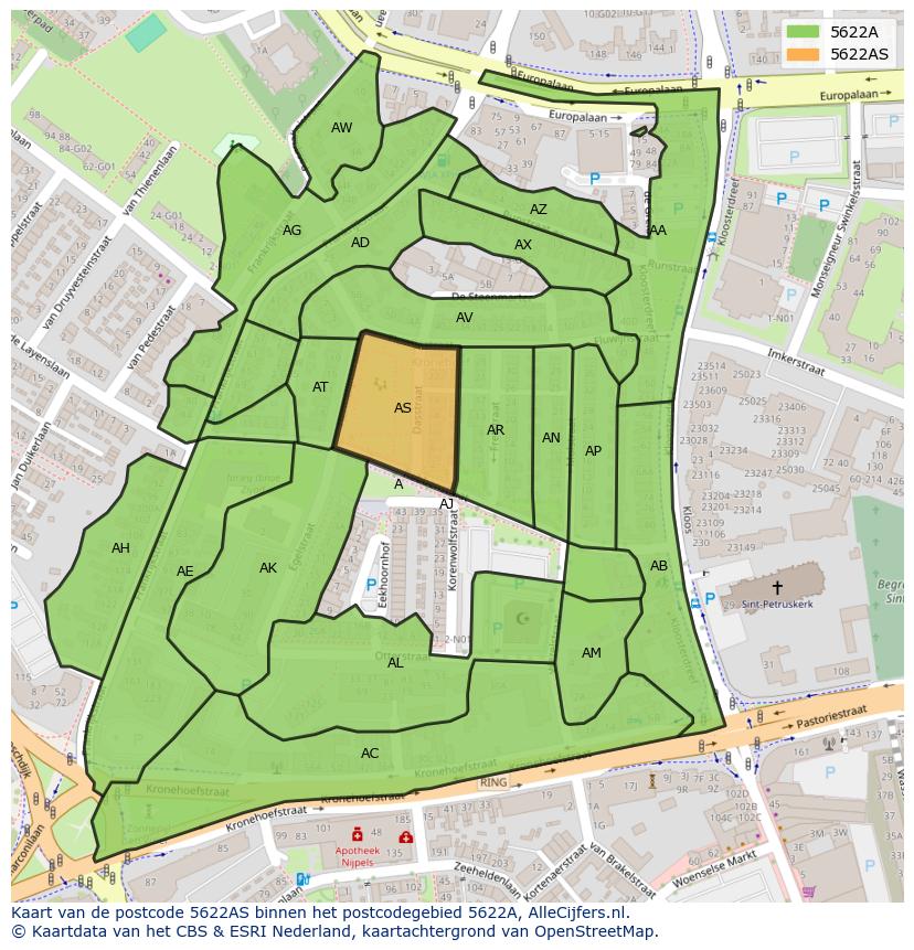 Afbeelding van het postcodegebied 5622 AS op de kaart.