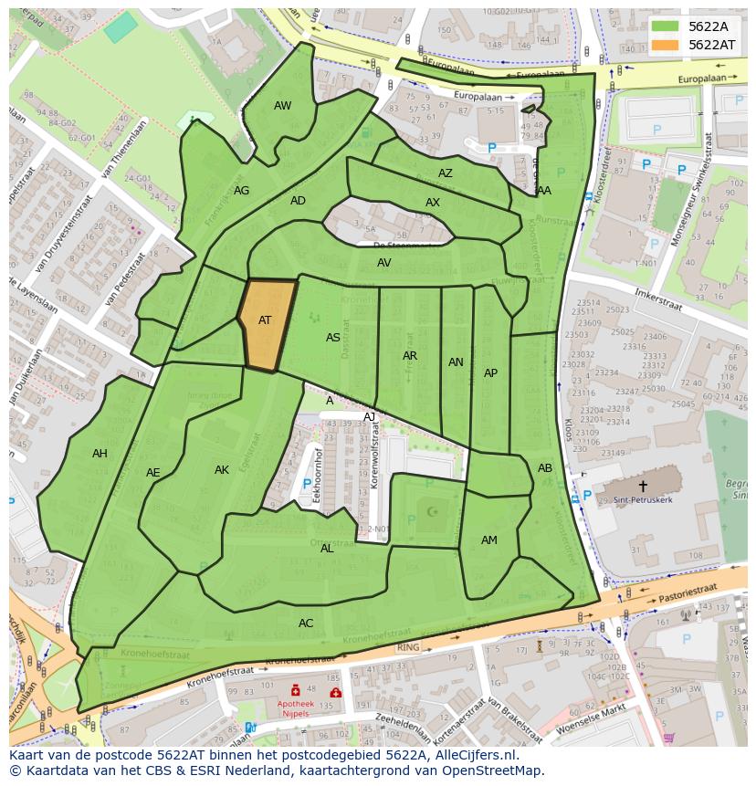 Afbeelding van het postcodegebied 5622 AT op de kaart.