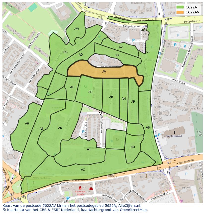 Afbeelding van het postcodegebied 5622 AV op de kaart.
