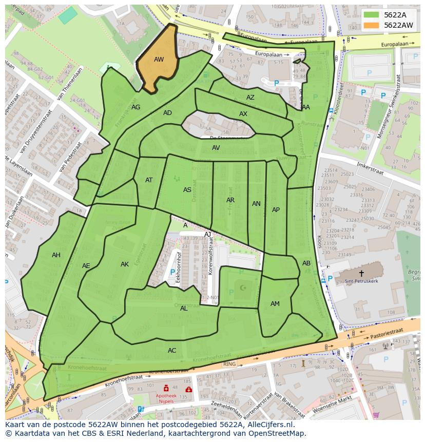 Afbeelding van het postcodegebied 5622 AW op de kaart.