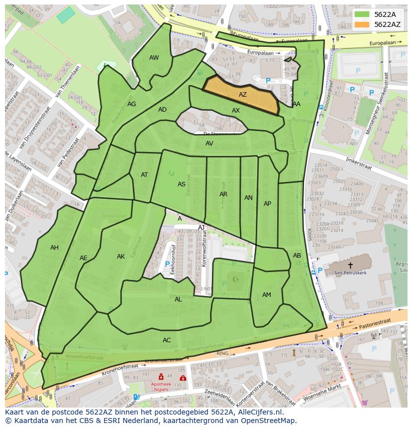 Afbeelding van het postcodegebied 5622 AZ op de kaart.