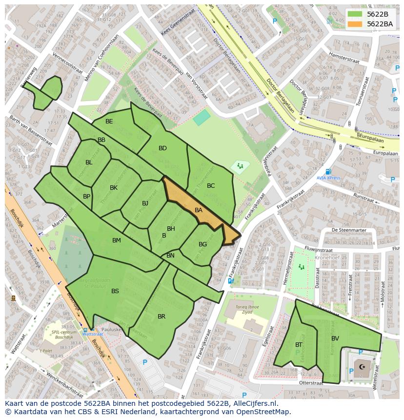 Afbeelding van het postcodegebied 5622 BA op de kaart.