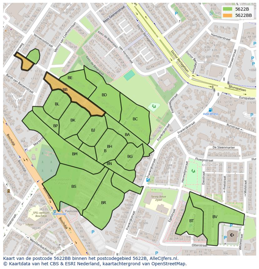 Afbeelding van het postcodegebied 5622 BB op de kaart.